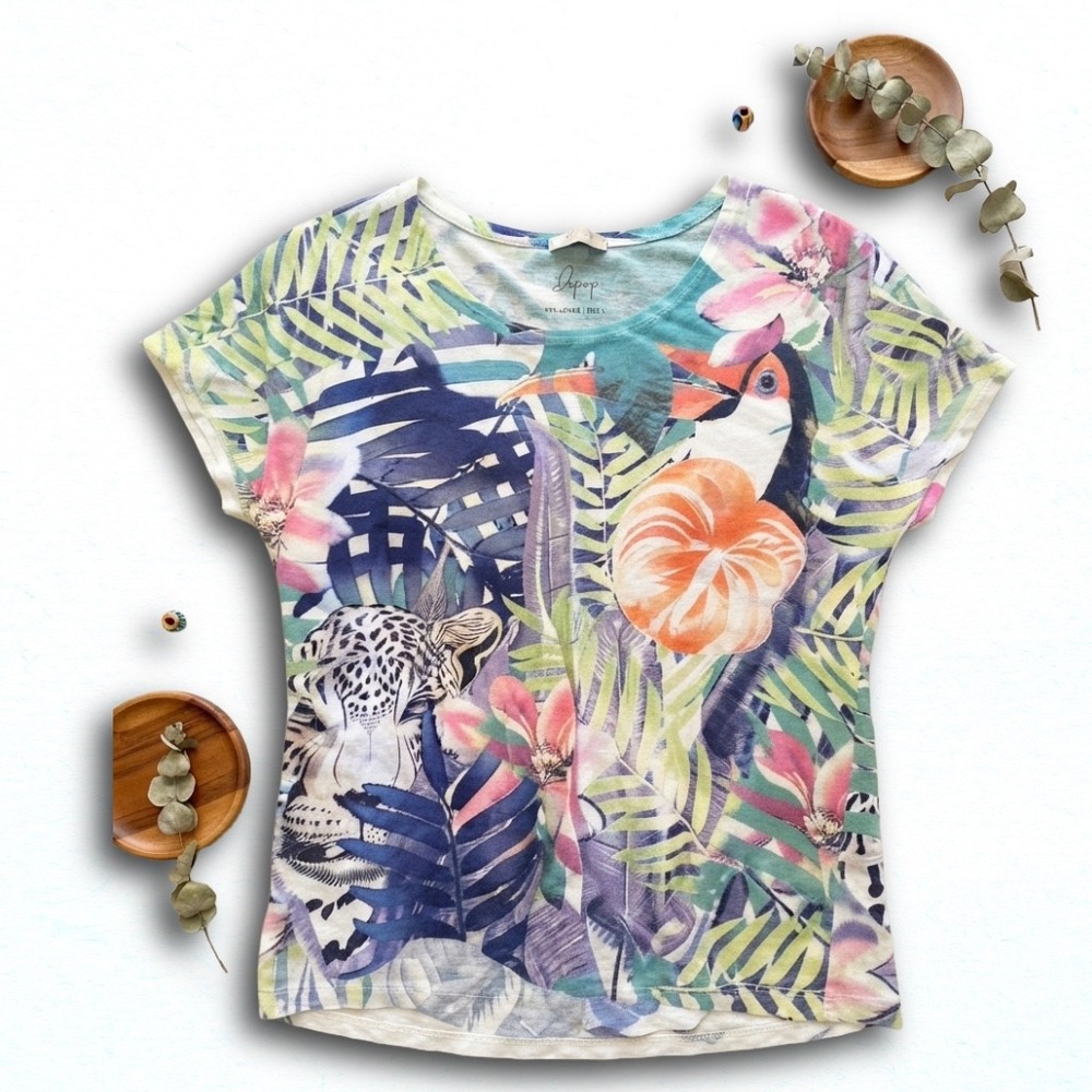 Chicos Tropical Jungle Print Toucan Leopard Tee Shirt Womens Size 2 Large Multi